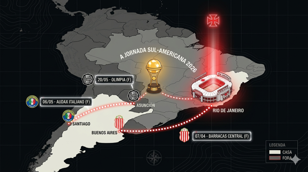 Infográfico estilizado do mapa da América do Sul em tons de cinza e preto, destacando a jornada do Vasco na Sul-Americana 2026. No Rio de Janeiro, um ícone 3D de São Januário emite um feixe de luz vermelha. Linhas pontilhadas brilhantes conectam o estádio aos destinos dos jogos fora de casa: Buenos Aires (Barracas Central em 07/04), Santiago (Audax Italiano em 06/05) e Assunção (Olimpia em 20/05). No centro do mapa, brilha o troféu dourado da CONMEBOL Sudamericana. O título "A Jornada Sul-Americana 2026" aparece no topo, com uma legenda explicativa no canto inferior direito.