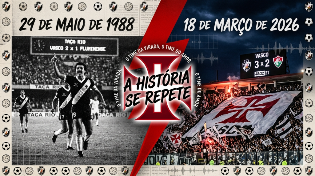 Infográfico comparativo do Vasco da Gama dividido diagonalmente. À esquerda, foto em preto e branco de 29 de maio de 1988 com o jogador Vivinho comemorando a vitória de 2 a 1 sobre o Fluminense. À direita, foto colorida de 18 de março de 2026 com a torcida em São Januário e o placar de 3 a 2. No centro, uma Cruz de Malta vermelha com o título "A História se Repete" e a frase "O Time da Virada, o Time do Amor".