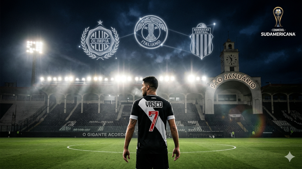 Escudo do Vasco da Gama ao lado dos logos da CONMEBOL Sudamericana e dos adversários Olimpia, Audax Italiano e Barracas Central.